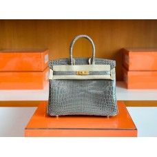 Hermes Birkin Shiny Niloticus crocodile turtledove grey Gold Hardware 25cm Full Handmade