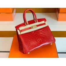 Hermes Birkin Shiny Porosus crocodile Ferrari red Gold Hardware 25cm Full Handmade