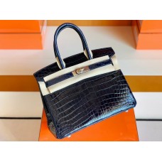 Hermes Birkin BLUE NUIT Shiny crocodile 2Z Dark Deep Blue Silver Hardware 30cm Full Handmade