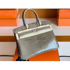 Hermes Birkin Shiny Porosus crocodile Griss Silver Hardware 30cm Full Handmade