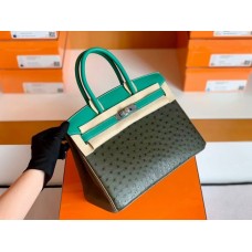 Hermes Birkin Ostrich Olive green & 1K Bamboo green & Etoupe Grey Silver Hardware 30cm Full Handmade