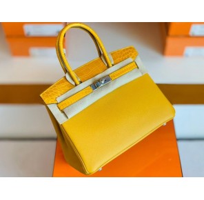 Hermes Birkin Touch Togo & Shiny crocodile 9D Amber Yellow Silver Hardware 30cm Full Handmade