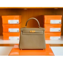 Hermes Kelly Togo CK18 Etoupe Grey Gold Hardware 25cm Full Handmade