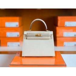 Hermes Kelly Epsom Creamy White & s2 Trench Grey Gold Hardware 25cm Full Handmade