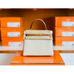 Hermes Kelly Togo Creamy White & Golden Brown Gold Hardware 25cm Full Handmade