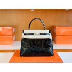 Hermes Kelly Shiny Porosus crocodile Black Silver Hardware 25cm Full Handmade