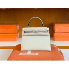 Hermes Kelly Epsom M8 gris ashpite & 10 Craie White Silver Hardware 25cm Full Handmade