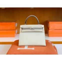 Hermes Kelly Epsom M8 gris ashpite & 10 Craie White Silver Hardware 25cm Full Handmade