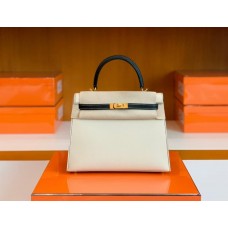 Hermes Kelly Epsom Creamy White & Black Gold Hardware 25cm Full Handmade