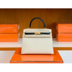 Hermes Kelly Epsom Creamy White & Black Gold Hardware 25cm Full Handmade